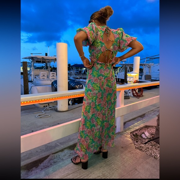 Esperanza Floral Puff Sleeve Midi Dress / Size Small - Picture 6 of 6